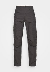 Dunkelgraue Cargo-Hosen aus Baumwolle, ausgestattet mit zwei seitlichen Taschen und einem geraden Beindesign. Der Stoff hat eine glatte, langlebige Textur.