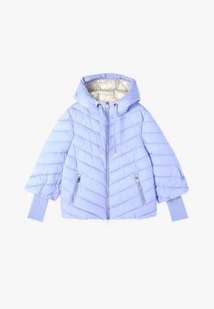 Light blue padded jacket with a hood, chevron quilted design, elastic cuffs, and two side zippered pockets. Lined with a contrasting material.