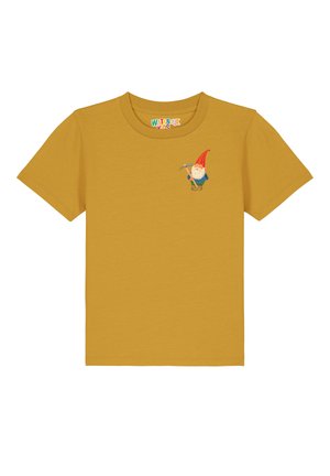 T-shirt à manches courtes jaune moutarde en coton, avec un graphique de gnome sur la poitrine gauche portant un chapeau rouge et des outils.