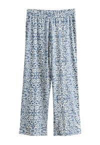 Pantalon bleu à jambes larges avec un motif floral et feuillage blanc sur toute la surface et une ceinture élastique.