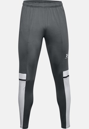 Grijze sportlegging met elastische tailleband, zijkantaccenten in lichtgrijs en zwarte streepdetails. Gemaakt van een gladde, rekbare stof.