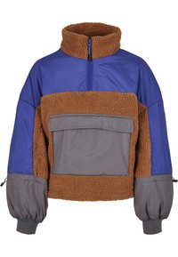 Fliisist pullover kõrge kaelusega, millel on sinised, pruunid ja hallid sektsioonid, esiküljel tasku ja elastsed mansetid.