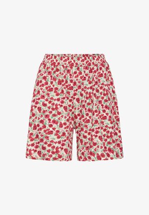Bermudas florales con un corte relajado, que presentan un vibrante patrón de amapolas rojas sobre un fondo verde claro, cinturilla elástica y una textura de tela suave.
