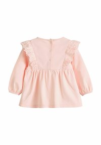 Helles rosa Langarmshirt mit Rüschenspitze, rundem Halsausschnitt und Knopfverschluss hinten. Weicher Stoff mit gerafftem Hüftbund.