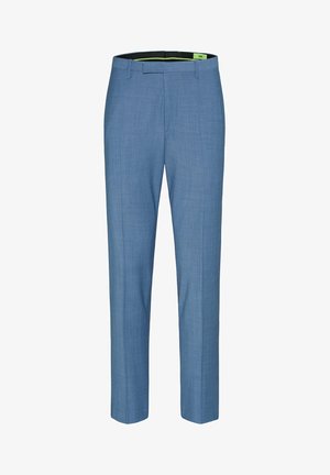 Light blue trousers made of a textured fabric, featuring a slim fit design, flat front, and a standard waistband.