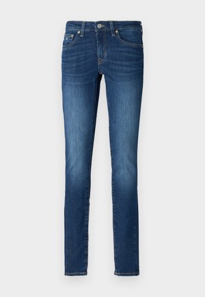Jean slim en denim bleu foncé, avec un design classique à cinq poches, passants de ceinture et fermeture à bouton à l'avant avec zip.