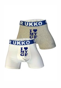 Zwei Paar Boxershorts mit dem Aufdruck "I ❤️ MY GF" in Blau. Das eine Paar ist weiß, das andere grau mit blauem Bund. Weicher Stoff.