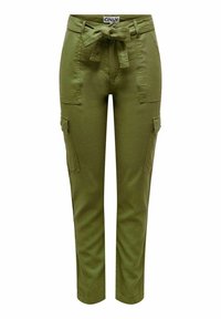 Olijfgroene cargobroek met een gestrikt tailleband, met twee zijzakken en een taps toelopende snit. Gemaakt van een lichte, gestructureerde stof.