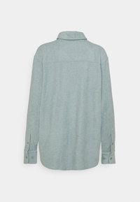 Chemise vert clair à col avec une texture douce, manches longues, poignets à boutons et ourlet droit. Présente une couture de yoke au dos.