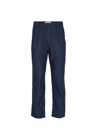 Pantaloni blu navy realizzati in un tessuto liscio, con una linea dritta, pince frontali e chiusura con bottone. Senza motivi o accenti visibili.