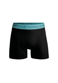 Črne bokserice z svetlo modrim pasom, ki vsebuje logotip "MUCHACHO". Narejene so iz gladkega materiala s prilegajočim dizajnom in kontrastnimi šivi.