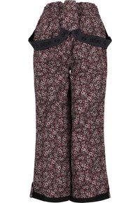 Spodnie w kwiatowy wzór na ciemnoczerwonym tle, z czarnymi akcentami, elastyczną talią i regulowanymi paskami.