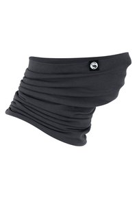Gaiter de cou gris, extensible, fabriqué en tissu doux avec une texture rassemblée. Présente une petite étiquette de logo sur un côté. Convient pour diverses activités.
