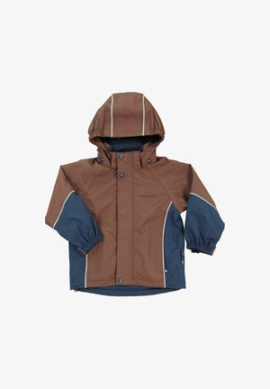 Veste imperméable marron et marine avec capuche, dotée de poignets élastiques, de poches latérales et de détails réfléchissants le long des coutures.