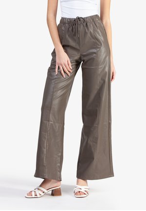 Brown faux leather wide-leg pants with an elastic drawstring waist, featuring a smooth texture and flat front pockets.