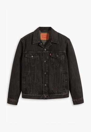 Black denim jacket with a classic design, featuring two chest pockets, button closure, and a pointed collar. Textured fabric with stitching details.