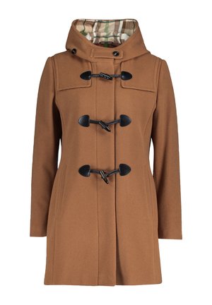 Manteau en laine marron avec capuche, présentant des fermoirs à bascule noirs, des poches latérales et une doublure à motifs contrastés en beige et vert.