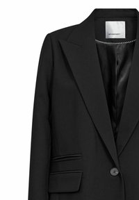 Black blazer with a tailored design, featuring a notched lapel, single button closure, and two front pockets. Smooth fabric texture.
