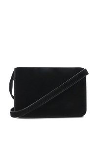 Borsa a tracolla in suede nero di forma rettangolare, dotata di una lunga tracolla, linee pulite e dettagli di cucitura visibili lungo i bordi.