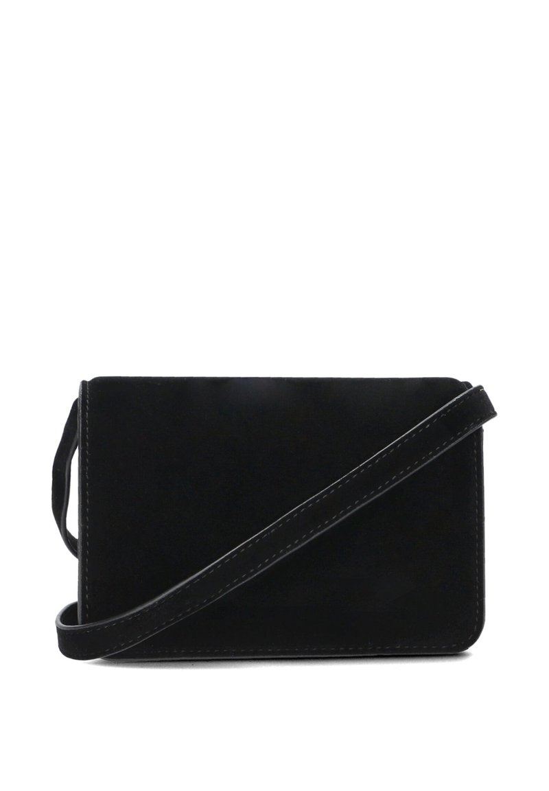 Borsa a tracolla in suede nero di forma rettangolare, dotata di una lunga tracolla, linee pulite e dettagli di cucitura visibili lungo i bordi.
