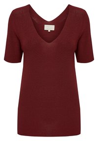 Czerwona krótkoszlfkowa dzianinowa bluzka z głębokim dekoltem w serek. Szwy na ramionach oraz teksturowane wykończenie. Lekka i dopasowana konstrukcja.