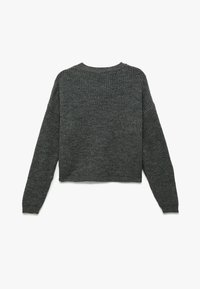 Dunkelgrauer, kurzer Pullover mit geripptem Textur, langen Ärmeln und Rundhalsausschnitt. Einfaches Design ohne sichtbare Beschläge oder Muster.