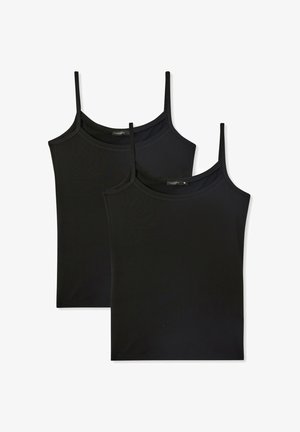 Camisole in cotone nero con spalline sottili, caratterizzato da un design semplice e una superficie liscia. Due pezzi esposti insieme, entrambi nello stesso stile.