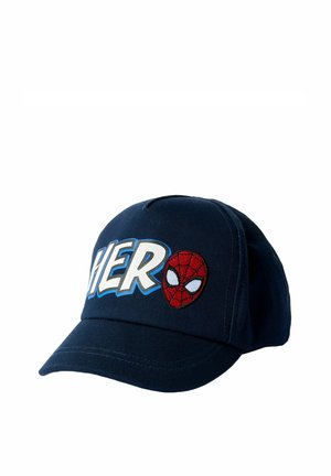 Navy blue baseball cap with the word "HERO" and a red Spider-Man mask graphic on the front panel.