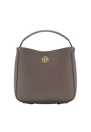 Sac à main en cuir gris avec une poignée unique sur le dessus et une fermeture à tour dorée ronde au centre avant.