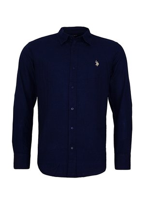 Chemise à manches longues bleu marine, à boutons, avec col et petit logo de joueur de polo brodé sur la poitrine gauche.