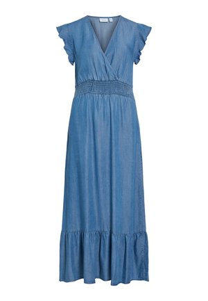 Blue denim midi dress with V-neck, ruffled cap sleeves, smocked waist, and gathered hem detail.