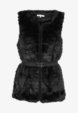 Schwarze Weste aus Kunstpelz mit Reißverschluss vorne, hohem Kragen, Taillengürtel und strukturierter Oberfläche. Besteht aus weichem, dickem Material für Wärme.