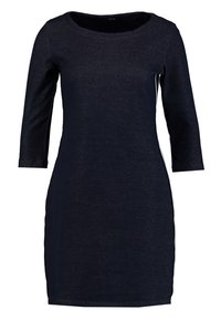 Robe bleu marine foncé en tissu doux, avec une encolure dégagée, des manches trois-quarts et une silhouette ajustée avec un minimum de détails.