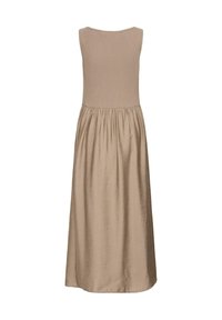 Robe midi beige sans manches avec corsage côtelé ajusté et jupe en tissu lisse froncé, vue de dos, sans motifs ni ornements visibles.