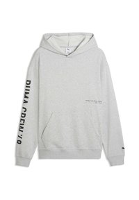 Sweat à capuche gris en tissu doux, avec une poche kangourou, une capuche à cordon et le texte noir "PUMA CREW '89" sur la manche.