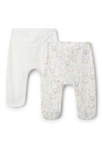 Twee babybroekjes met voetjes, één effen wit en één wit met lichte bruine en grijze konijnenillustraties.