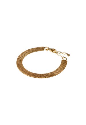 Arany hálós karkötő állítható lánccal és rákkapoccsal, fehér háttéren.