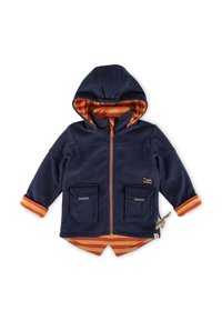 Marineblaue Fleecejacke mit Kapuze, orangefarbigem Reißverschluss, gestreiftem Innenfutter und zwei vorderen Taschen. Akzentuiert mit kontrastierenden orange- und gelbfarbenen Bündchen.