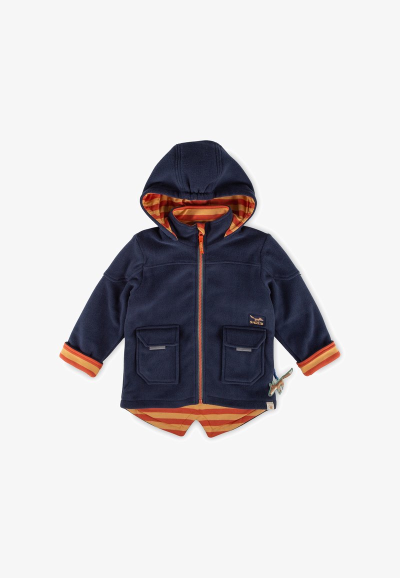Navy fleece jacket with a hood, orange zipper, striped inner lining, and two front pockets. Accented with contrasting orange and yellow cuffs.