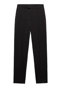 Pantalon formel noir avec passants de ceinture, pli avant et coupe droite sur fond blanc.