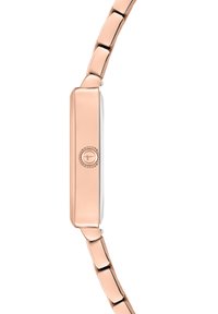 Uhren aus roségoldfarbenem Edelstahl mit einem rechteckigen Gehäuse, glatter Oberfläche und einem polierten Metallarmband mit ineinandergreifenden Gliedern.