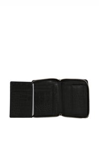 Black leather wallet with a crocodile texture, zip closure, multiple card slots, and a smooth interior. Compact and functional design.