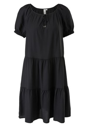 Sort kortærmet kjole i lag med rynket halsudskæring og lille bindebånd foran, elastiske manchetter og afslappet pasform.