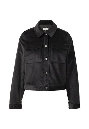 Zwarte corduroy jas met kraag, knopen aan de voorkant, twee borstzakken en knopenmanchetten. Kort ontwerp met geribbelde textuur.