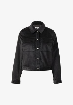 Zwarte corduroy jas met kraag, knopen aan de voorkant, twee borstzakken en knopenmanchetten. Kort ontwerp met geribbelde textuur.