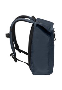 Zaino blu scuro con finitura in tessuto texturizzato, spallacci in rete imbottiti, chiusura roll-top e tasca laterale, che offre un design elegante e compatto.
