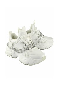White sneakers featuring a chunky sole, smooth synthetic material, and a decorative silver chain with pearls wrapped around the upper.