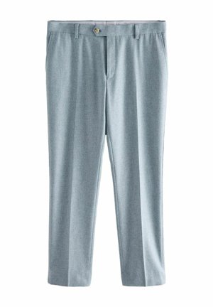 Helleblaue, gerade geschnittene Hose aus glattem Stoff. Mit einem Knopfverschluss vorne und zwei seitlichen Taschen. Keine sichtbaren Muster.