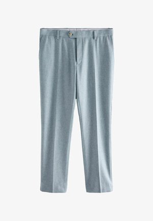 Lysblå, lige ben bukser lavet af et glat stof. Har en frontlukning med knap og to sidelommer. Ingen synlige mønstre.