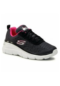 Scarpe da ginnastica nere con dettagli rosa, tomaia in rete, suola bianca ammortizzata, caratterizzate da un logo metallico e design con lacci.